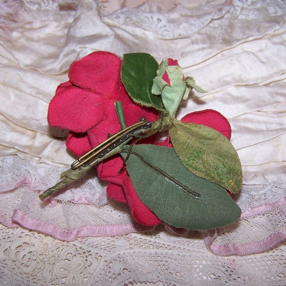 Corsage Spray of Fabric Flowers - Red Roses  and Bud | Millinery Hat Decoration - Picture 5 of 5